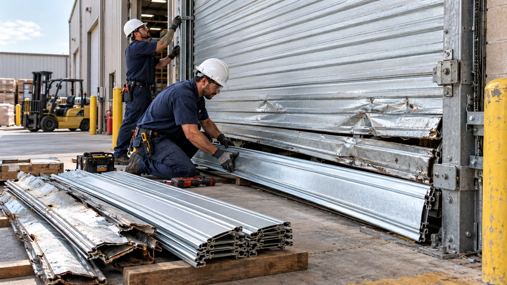 Commercial garage door repair technicians replacing damaged galvanized steel