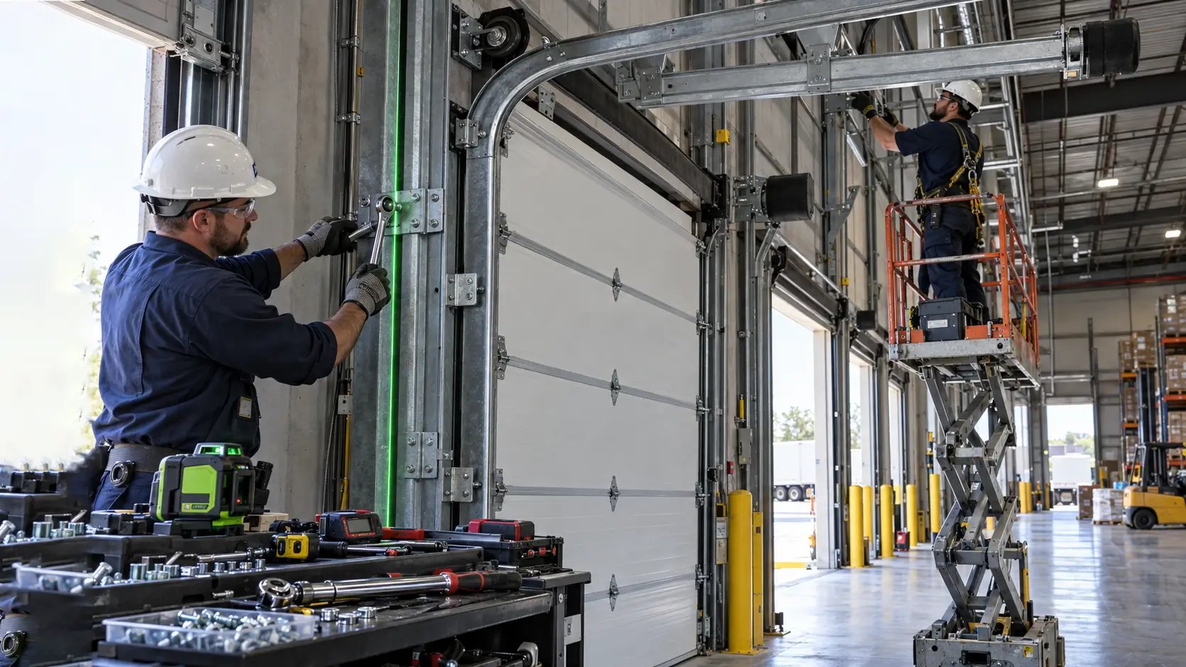 Commercial garage door technicians installing a high-speed industrial operator motor