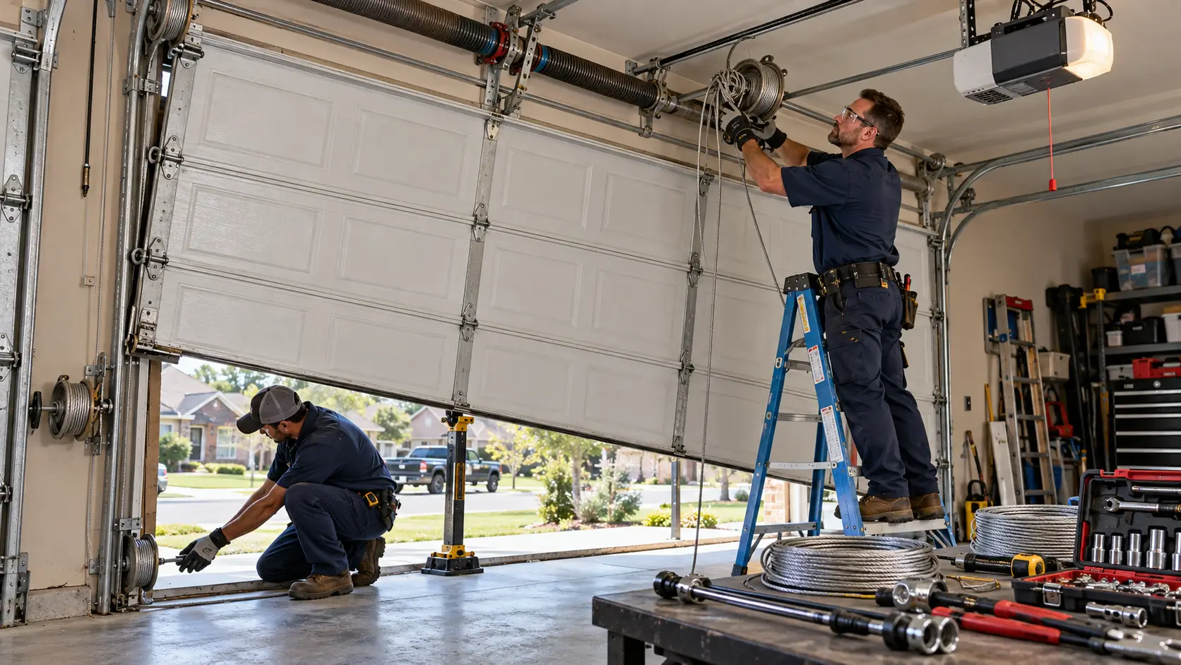 Emergency garage door cable repair technicians in Tomball TX realigning tangled lifting cables and repairing a derailed cable drum on an uneven garage door