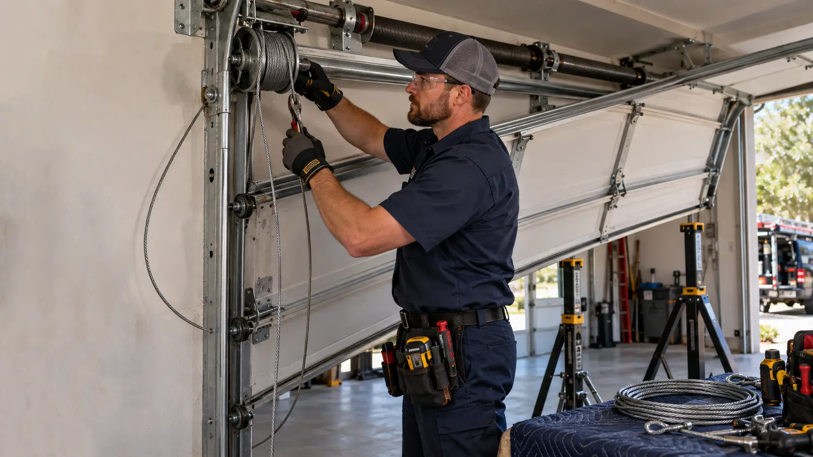 Emergency garage door repair technician replacing a broken lifting cable
