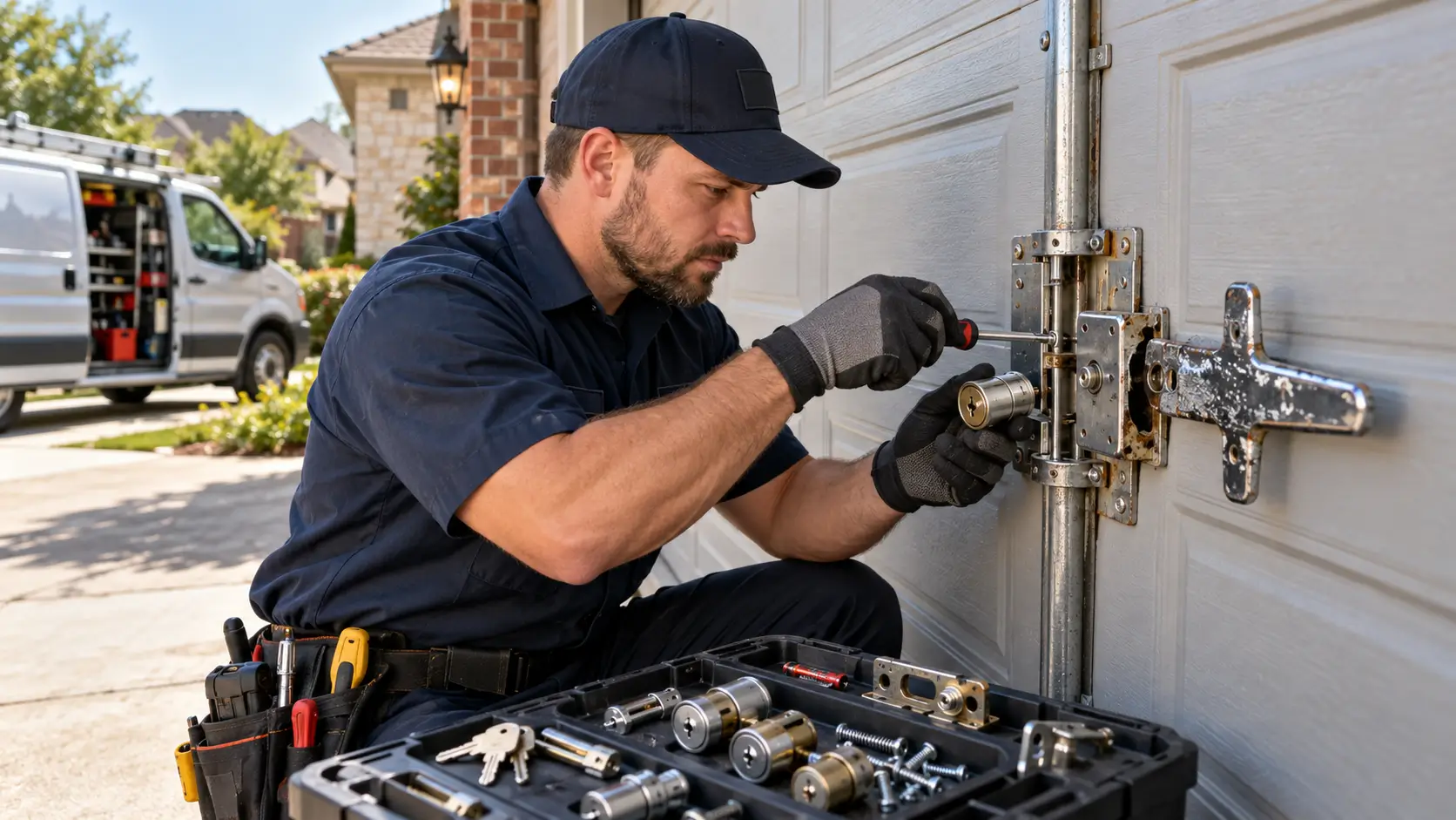 Professional technician repairing a damaged garage door lock