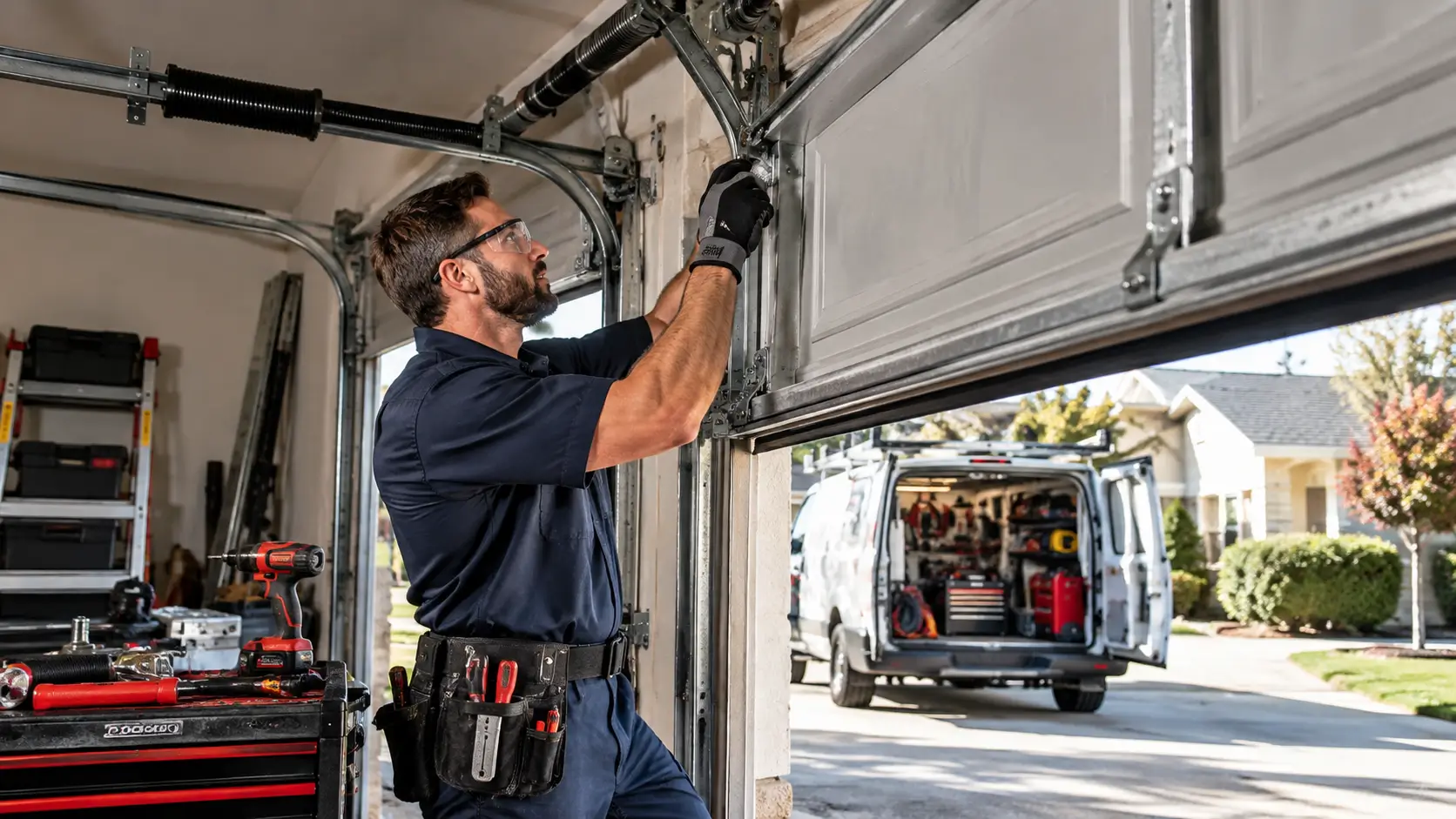 Professional garage door technician performing emergency garage door repair
