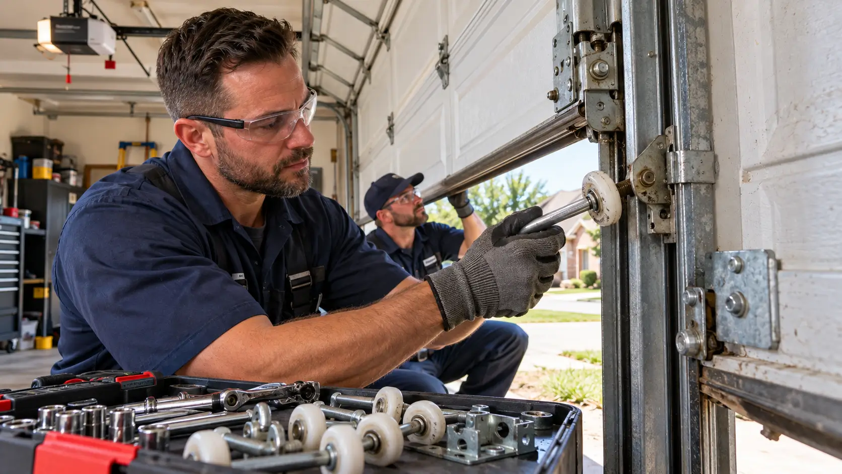 Emergency garage door repair technician replacing a damaged nylon roller and realigning the vertical garage door track in Tomball, TX