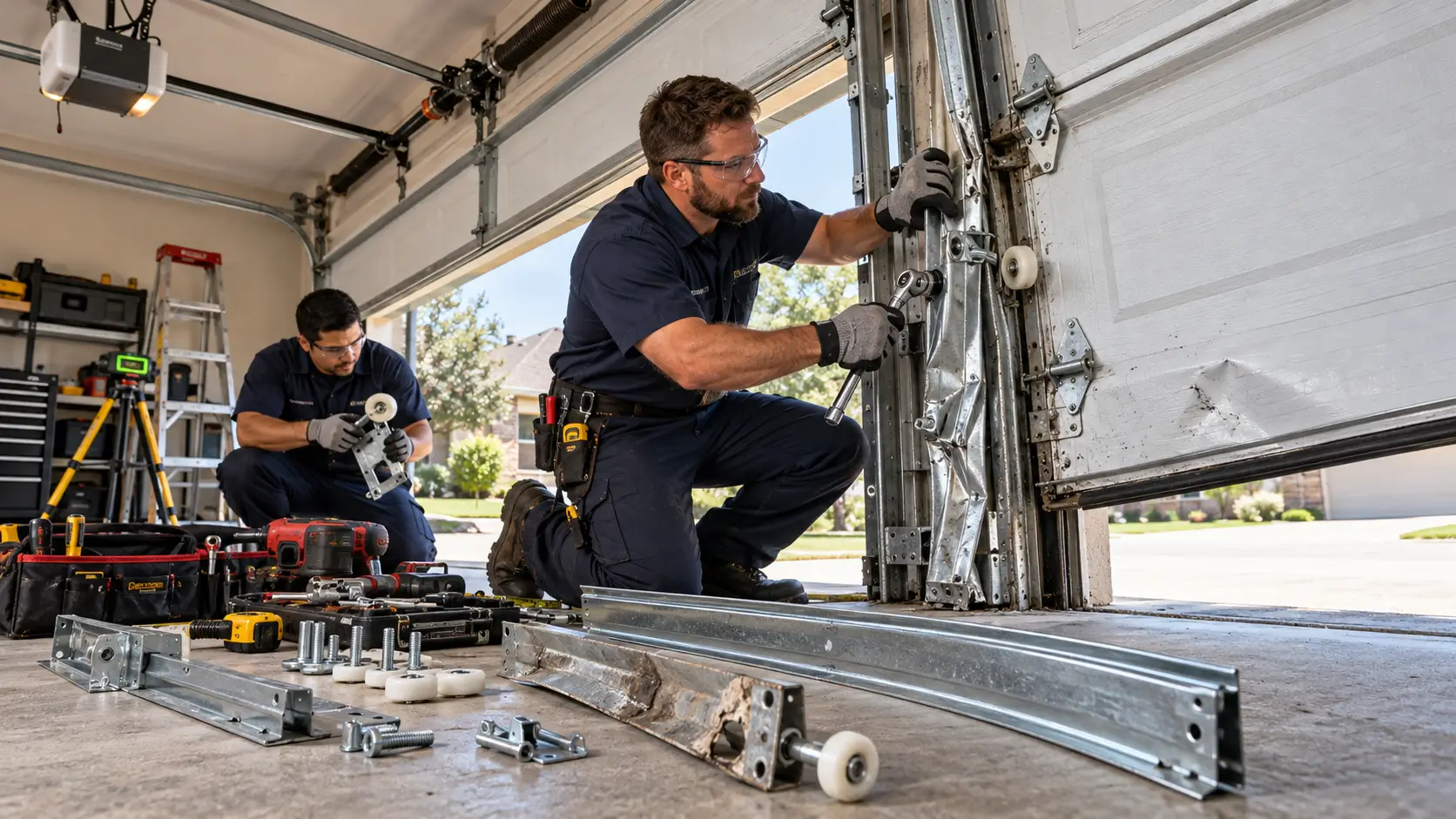 Emergency garage door repair technicians straightening a bent vertical track and restoring derailed rollers on a damaged residential garage door in Tomball TX