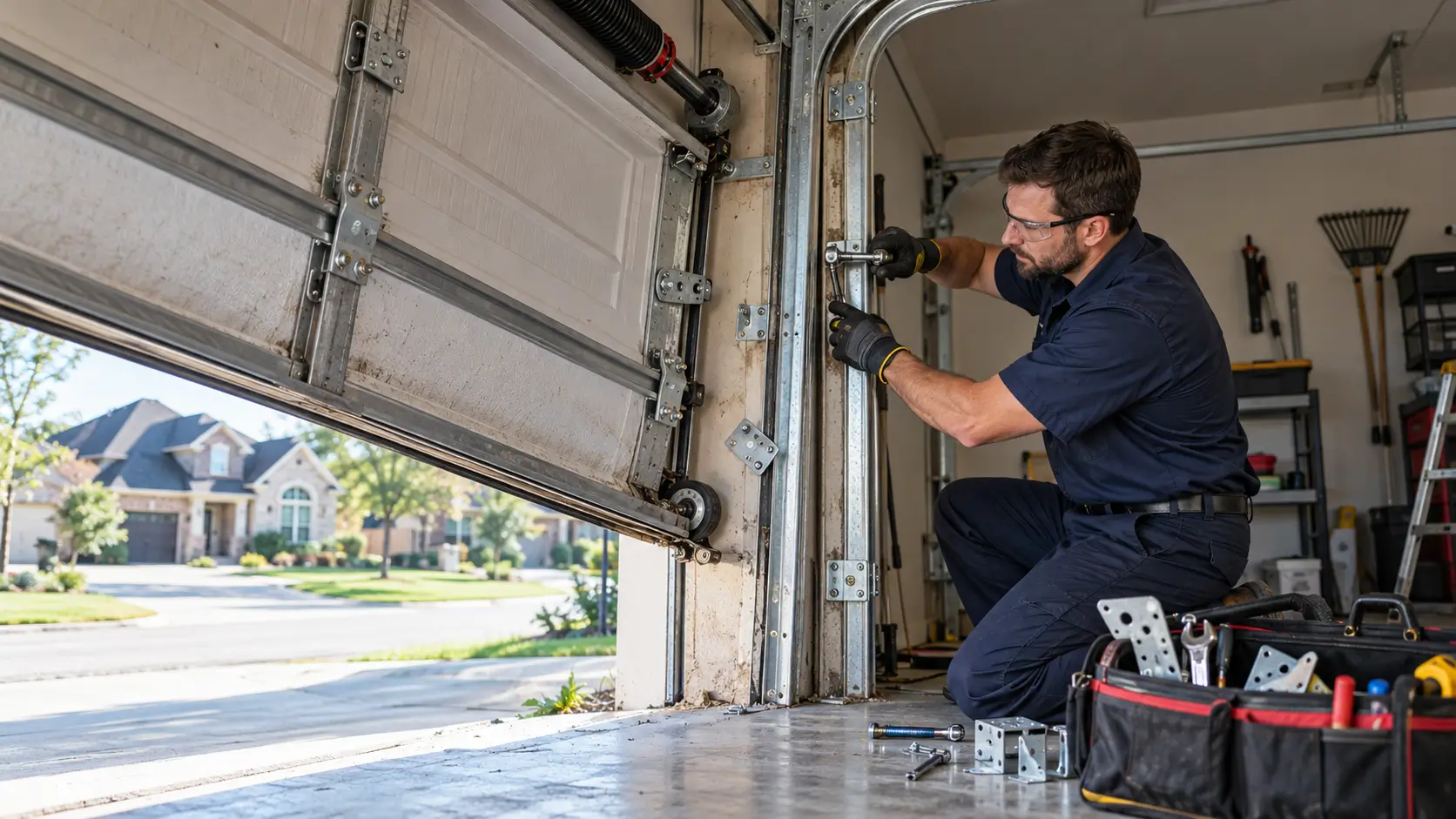 Professional emergency garage door repair technician realigning a bent metal track