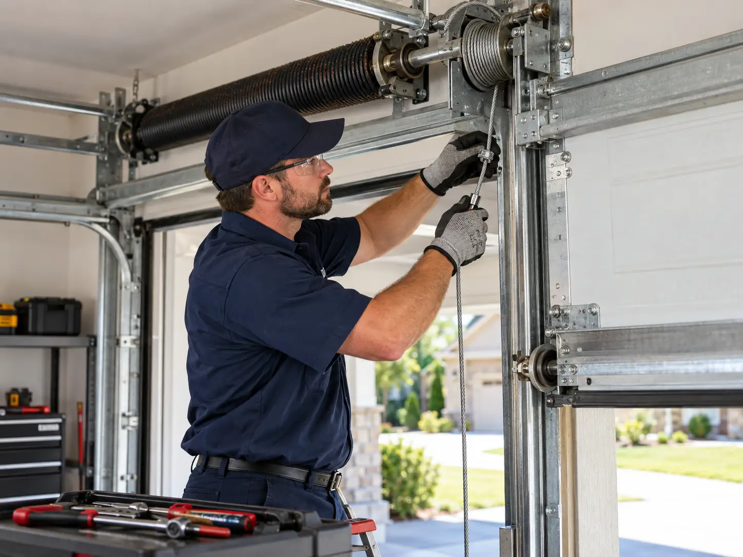 Professional garage door repair technician fixing cable