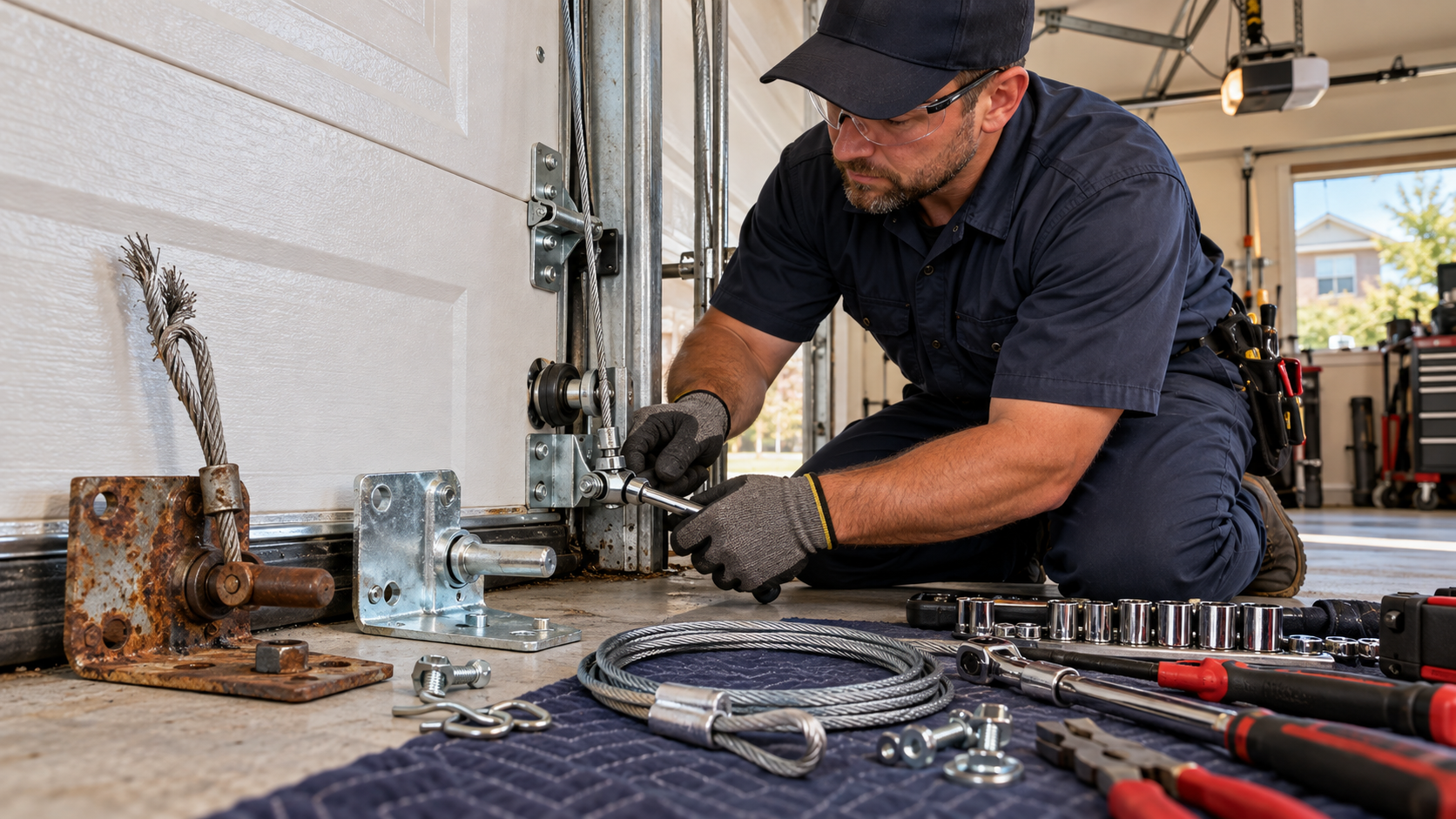 Professional technician repairing a damaged garage door bottom cable anchor bracket and replacing frayed lifting cables in Tomball TX.