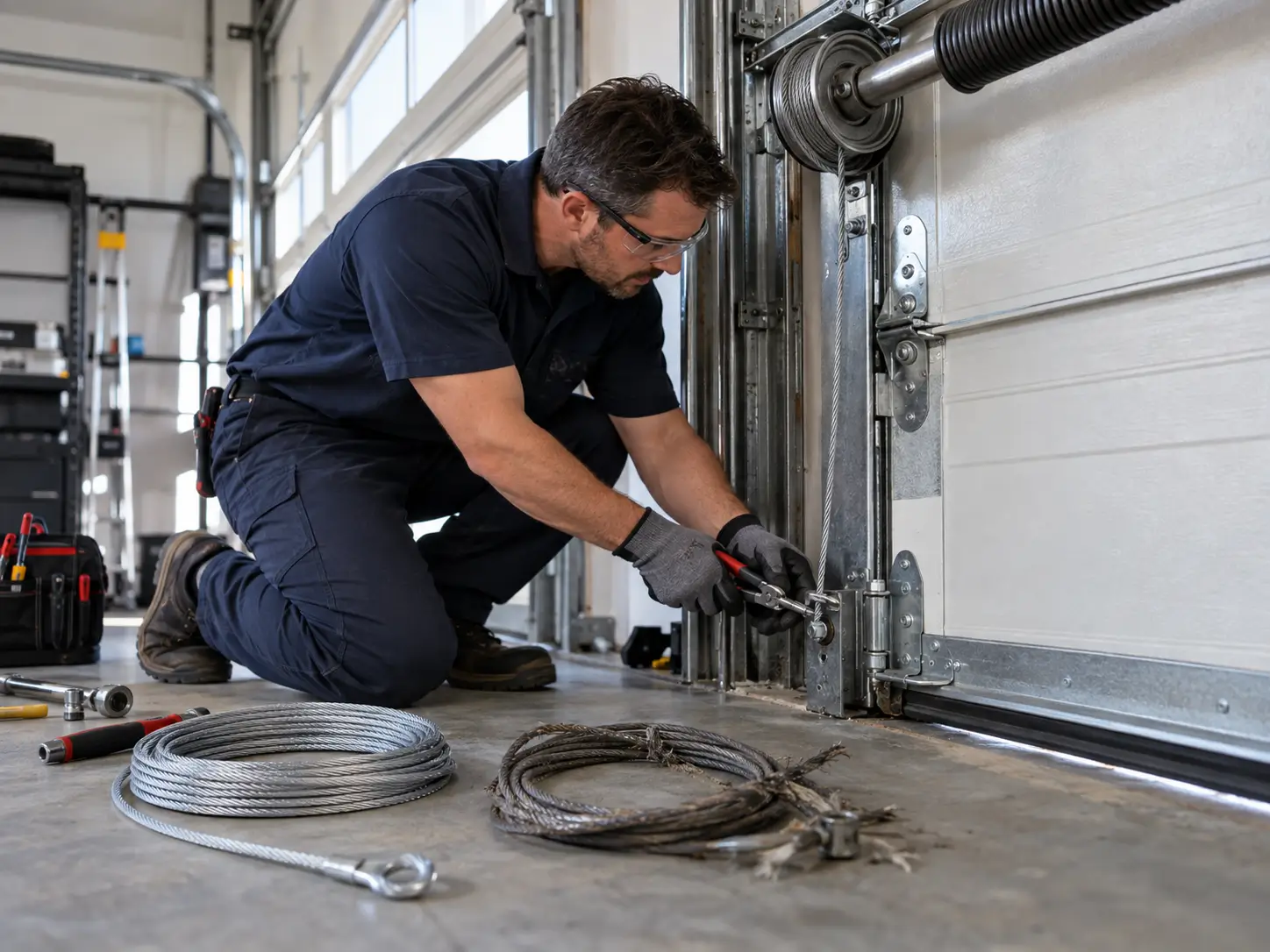 Professional garage door technician replacing a damaged lifting cable with a new galvanized steel cable.