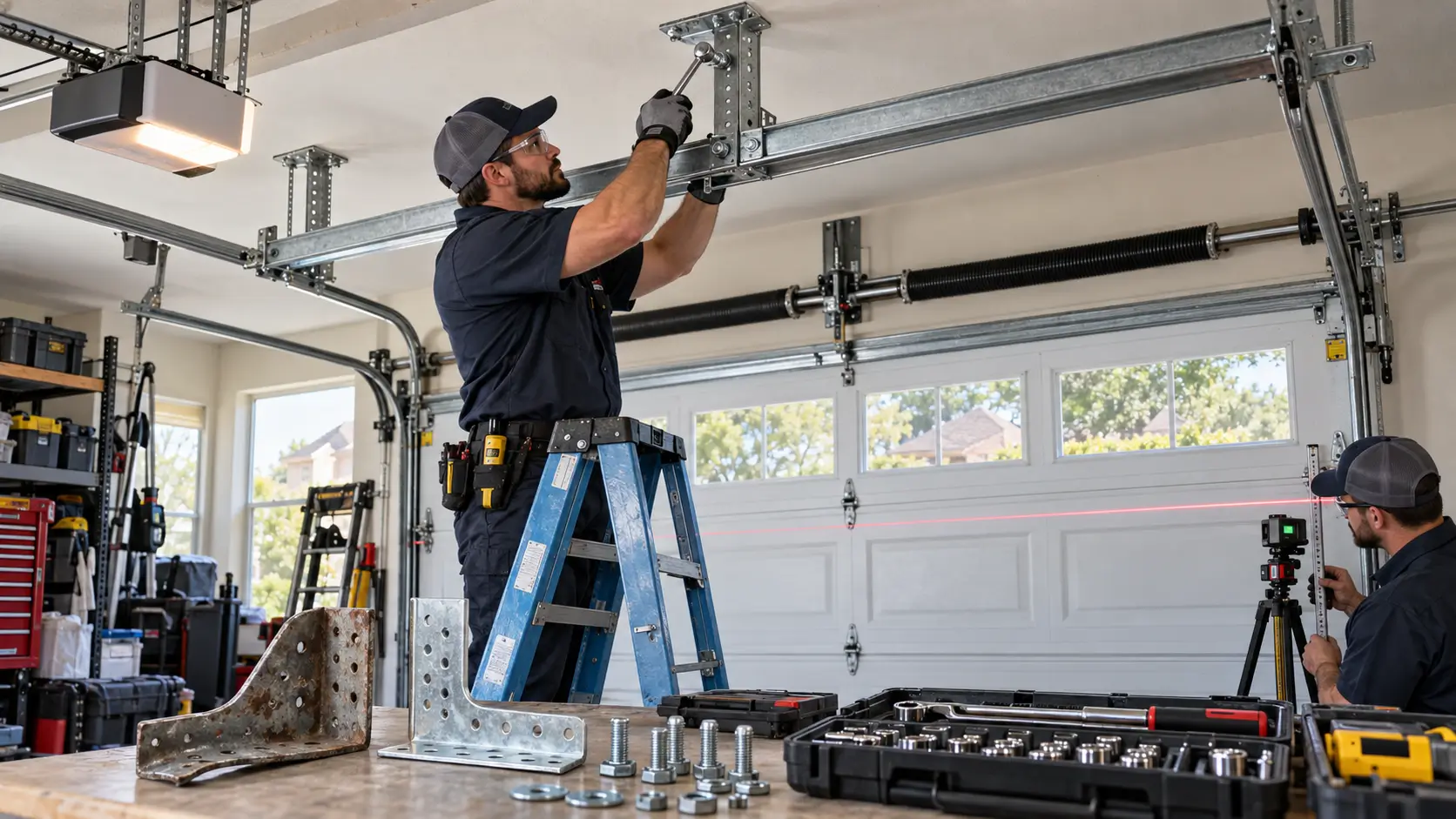 Professional garage door repair technicians reinforcing overhead horizontal track supports and adjusting steel mounting brackets in Tomball TX