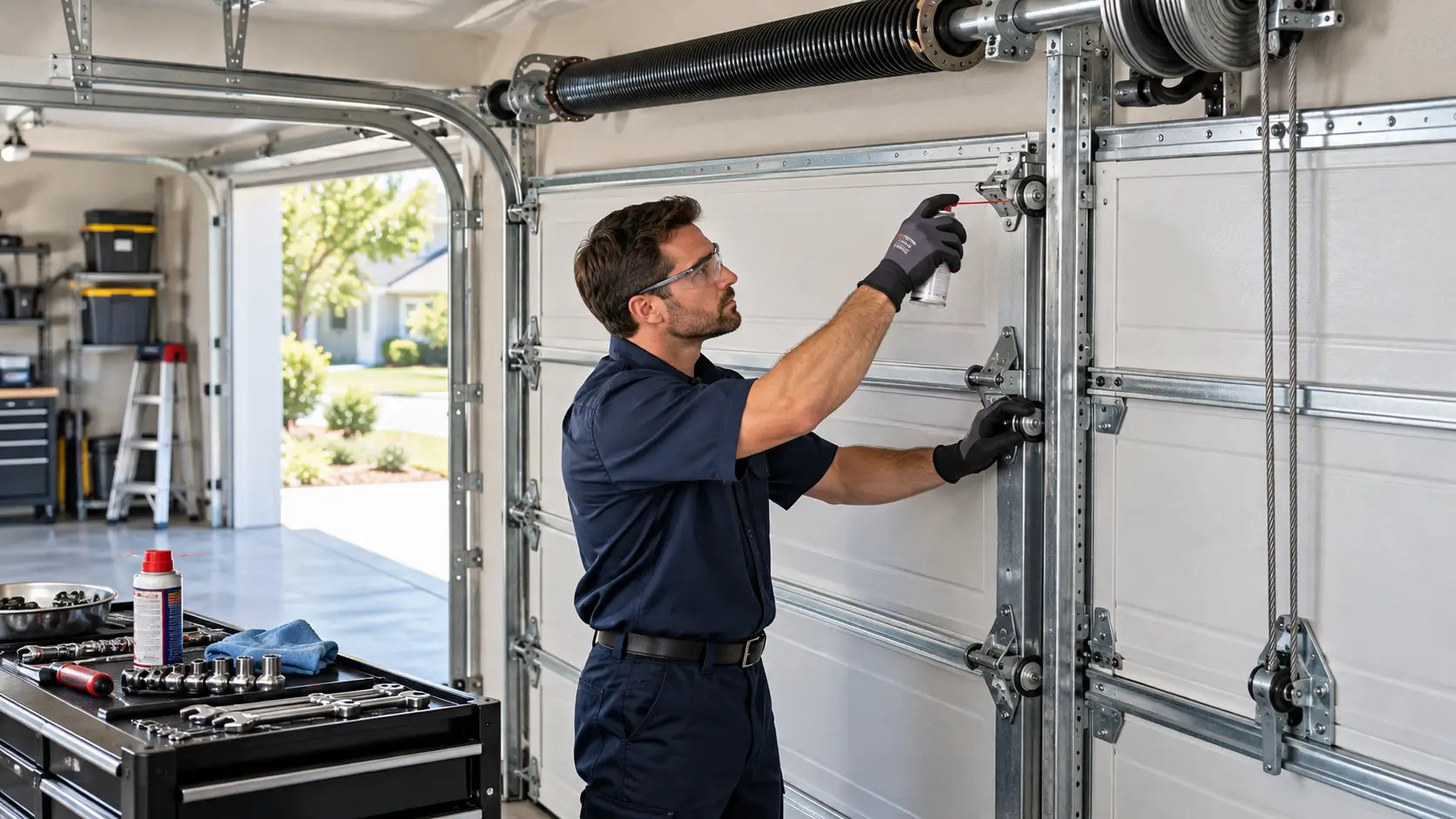 Professional garage door repair technician fixing a ceiling-mounted garage door opener motor and electrical components.