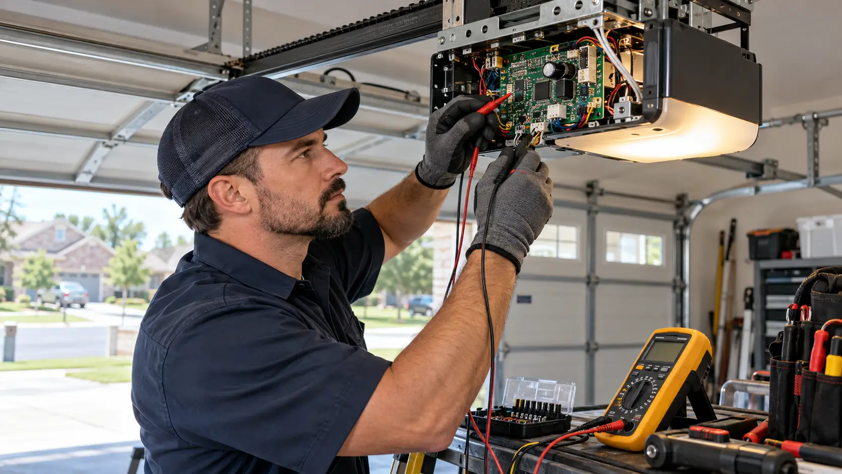 Professional technician diagnosing garage door opener circuit board problems