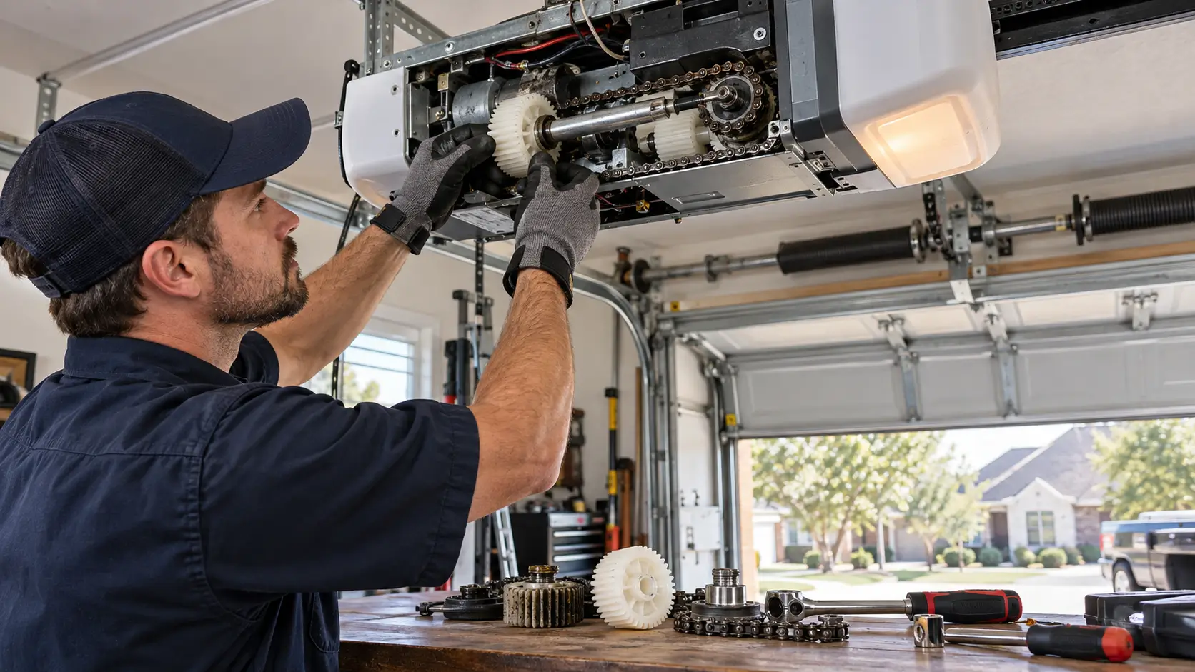 Professional garage door repair technician replacing worn drive gears