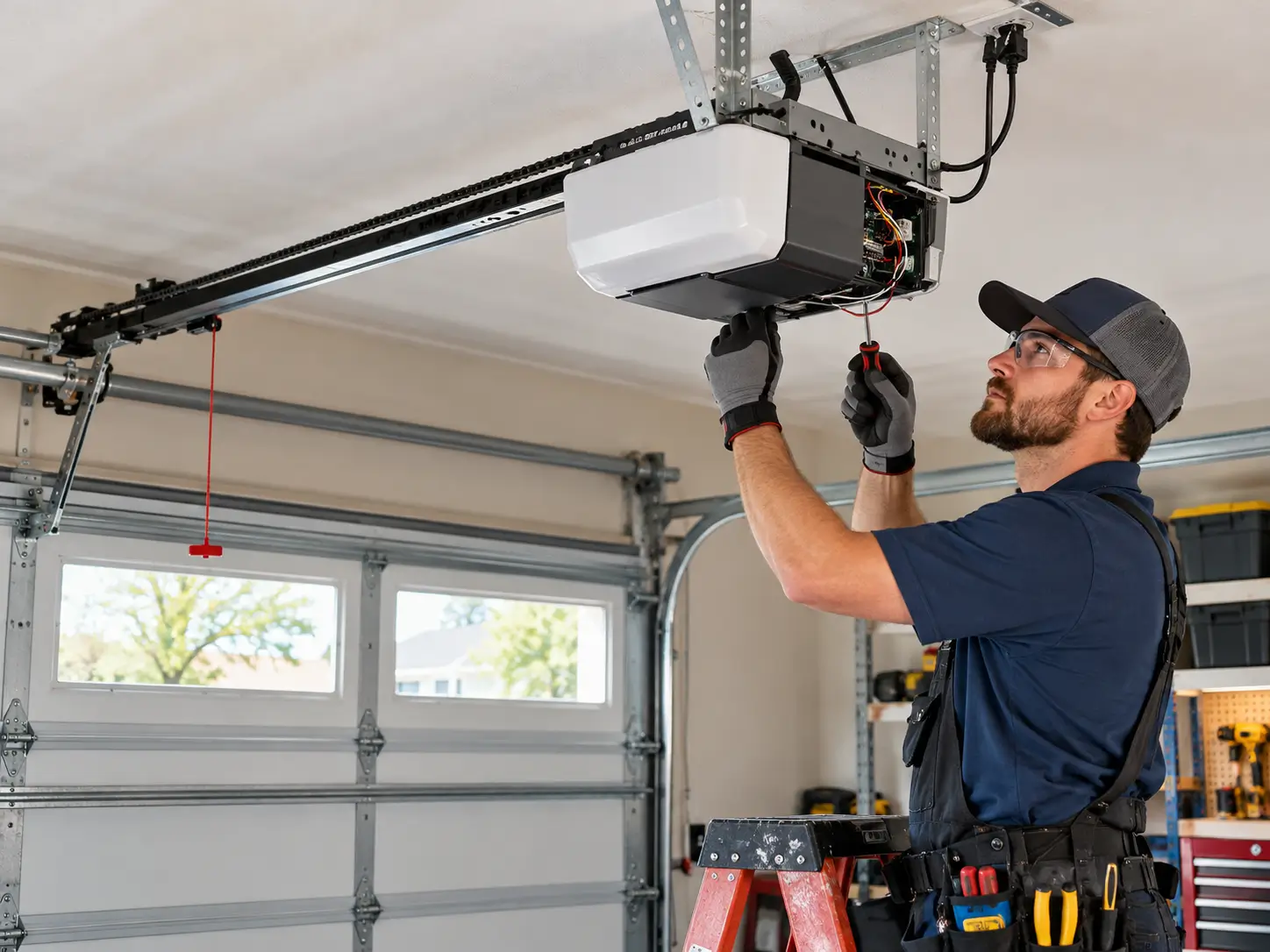 Professional garage door repair technician fixing a ceiling-mounted garage door opener motor and electrical components.