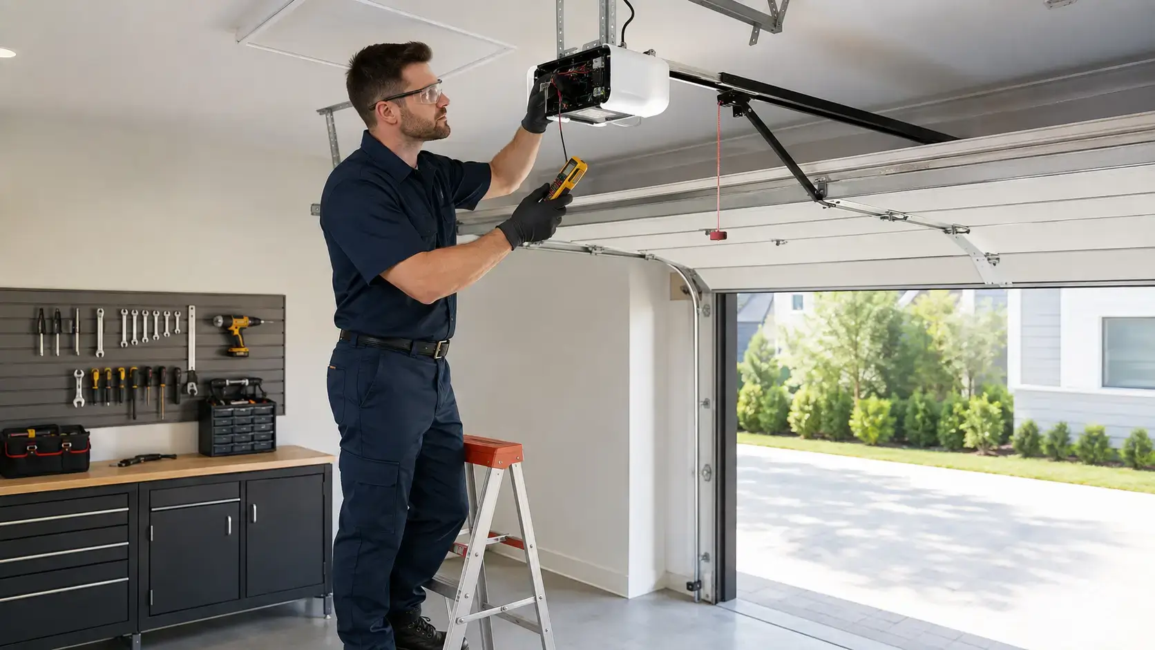 Technician repairing an automatic garage door opener in Tomball TX