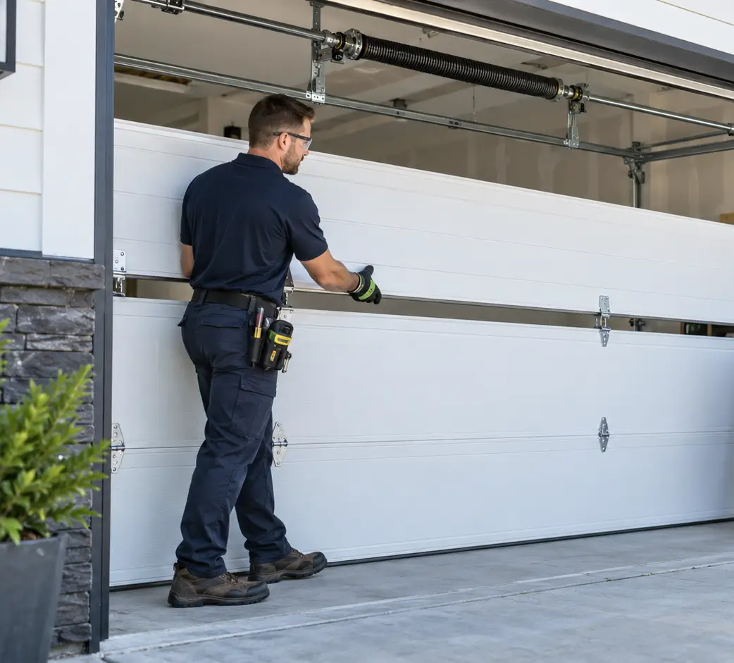Technician repairing a garage door torsion spring in Tomball TX