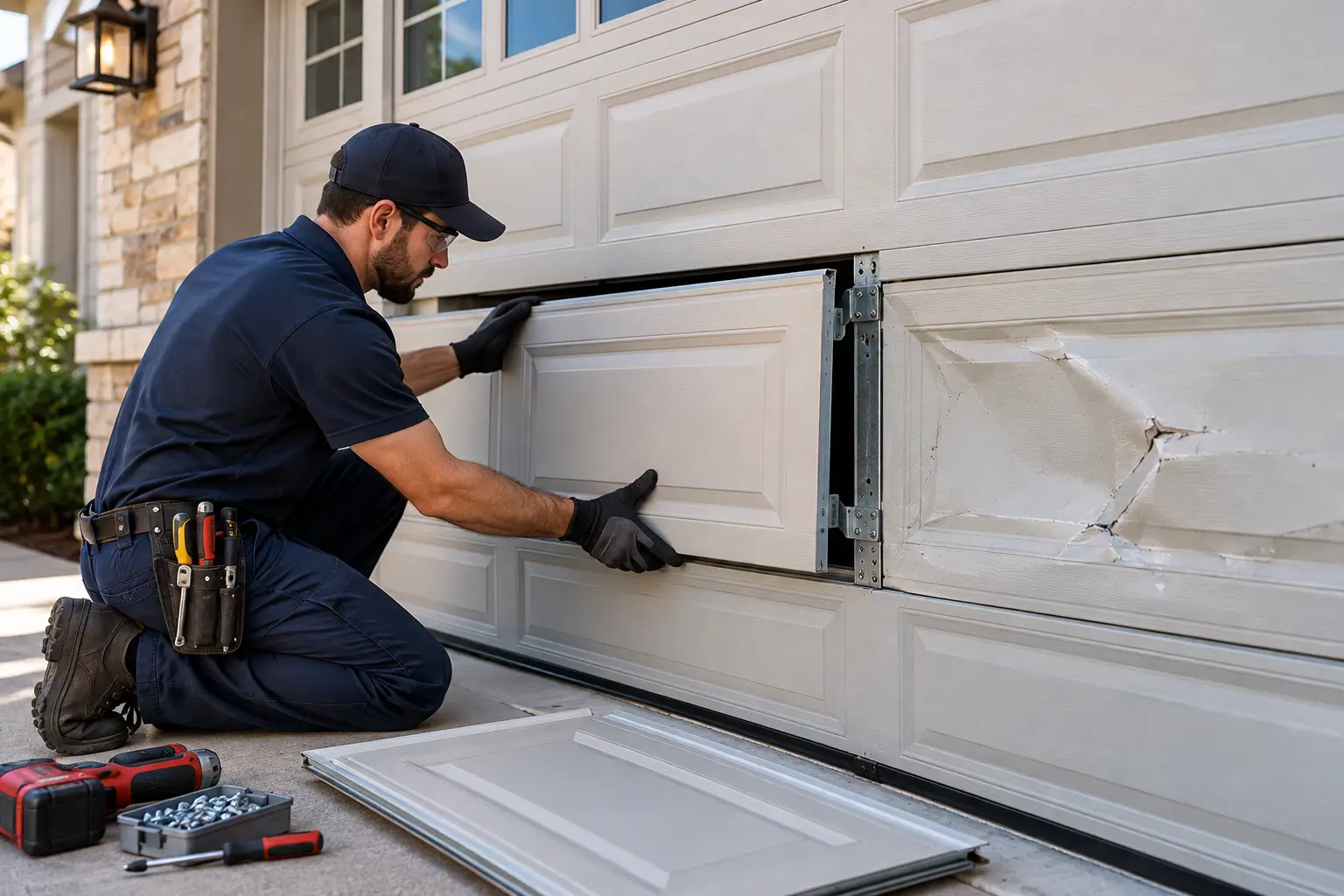 Professional garage door repair technician fixing a ceiling-mounted garage door opener motor and electrical components.