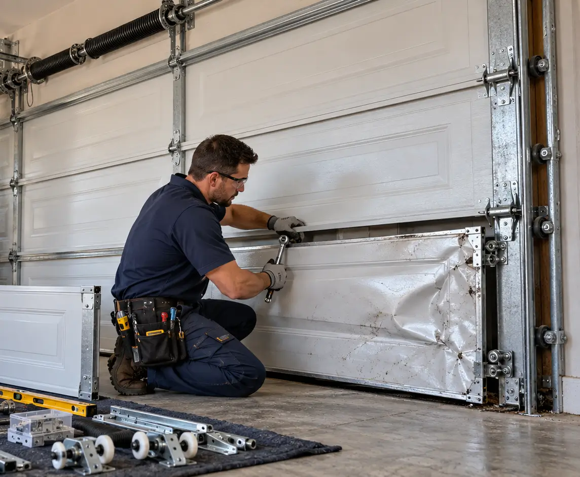 Professional garage door repair technicians replacing a damaged steel sectional panel