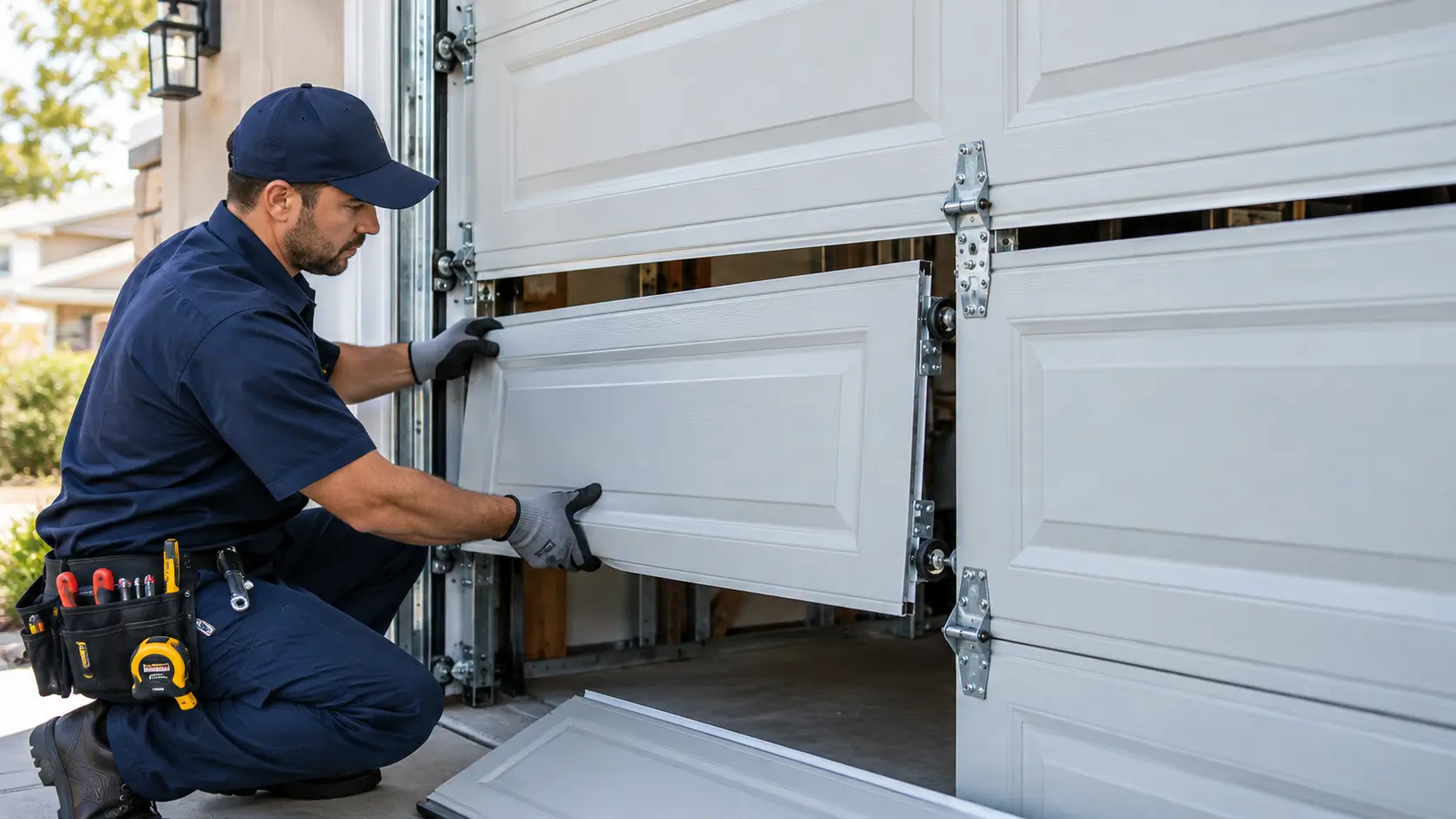 Professional garage door repair technician replacing a damaged residential garage door panel