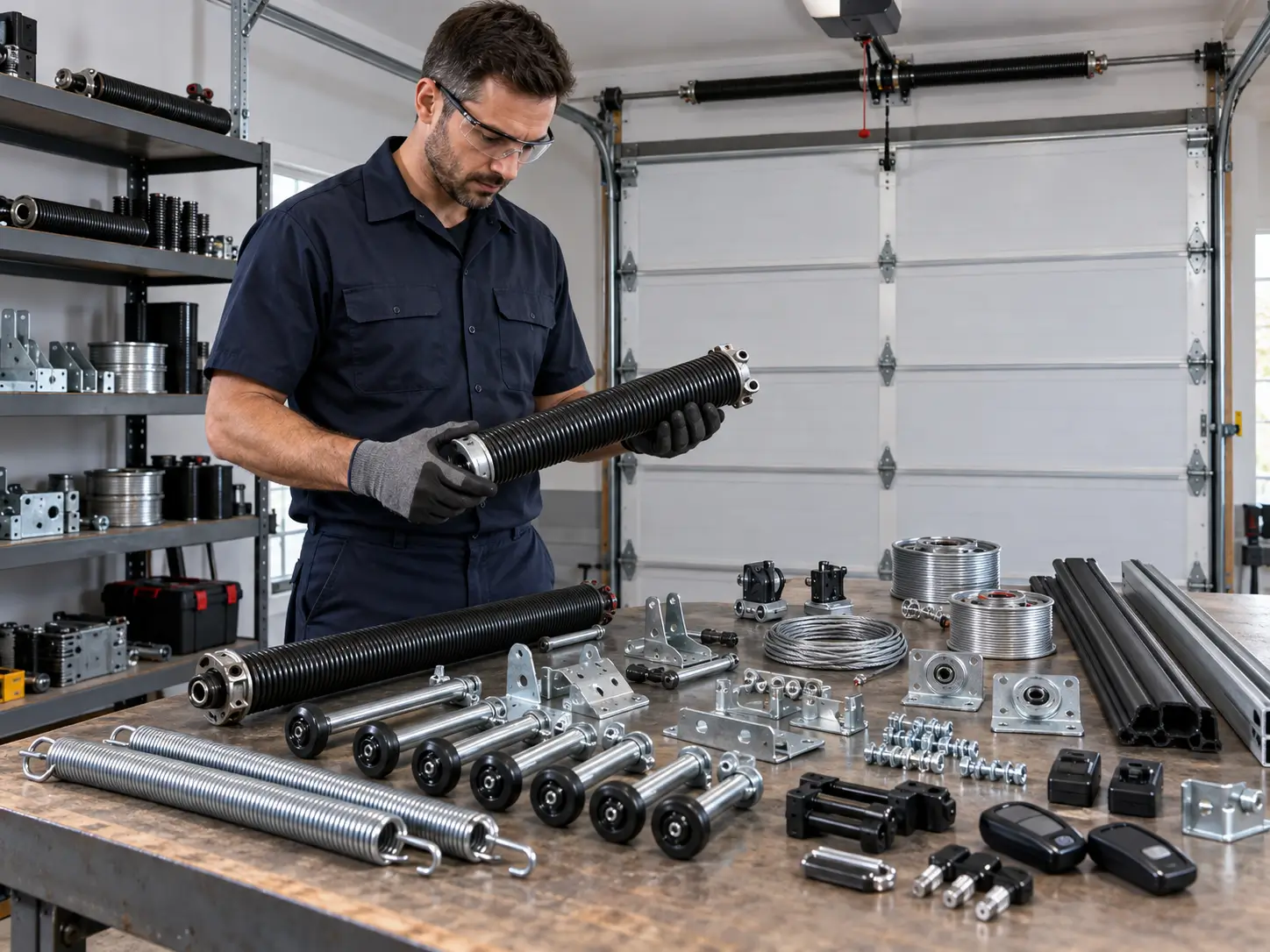 Professional garage door repair technician fixing a ceiling-mounted garage door opener motor and electrical components.
