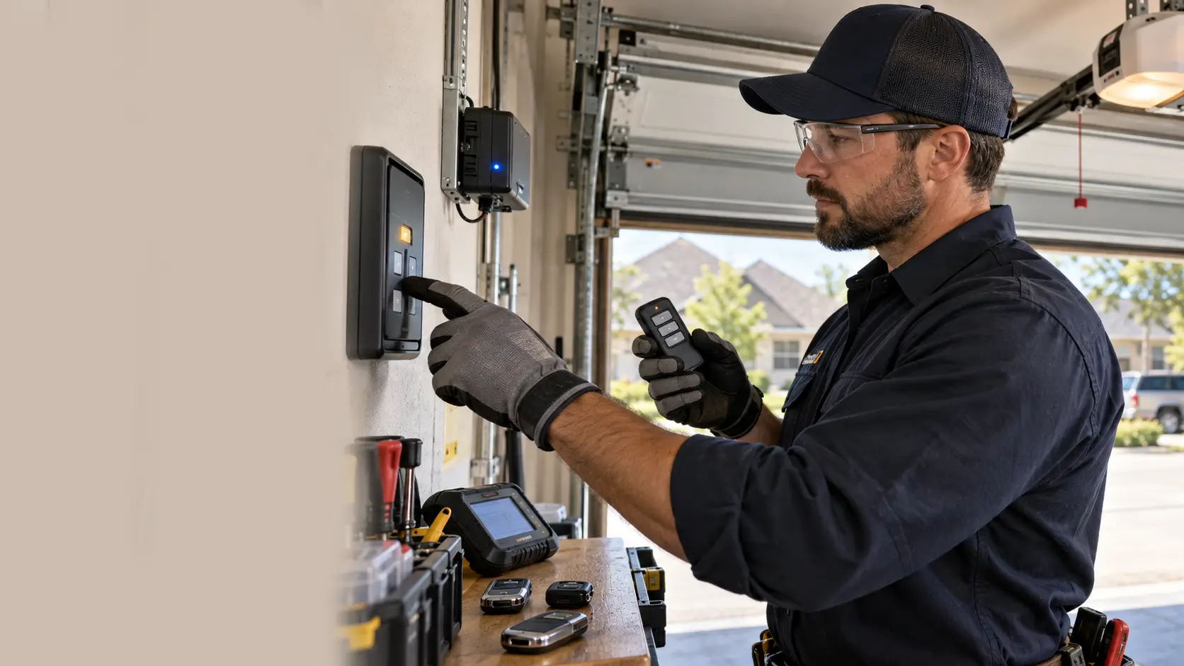 Professional garage door technician programming a wireless remote
