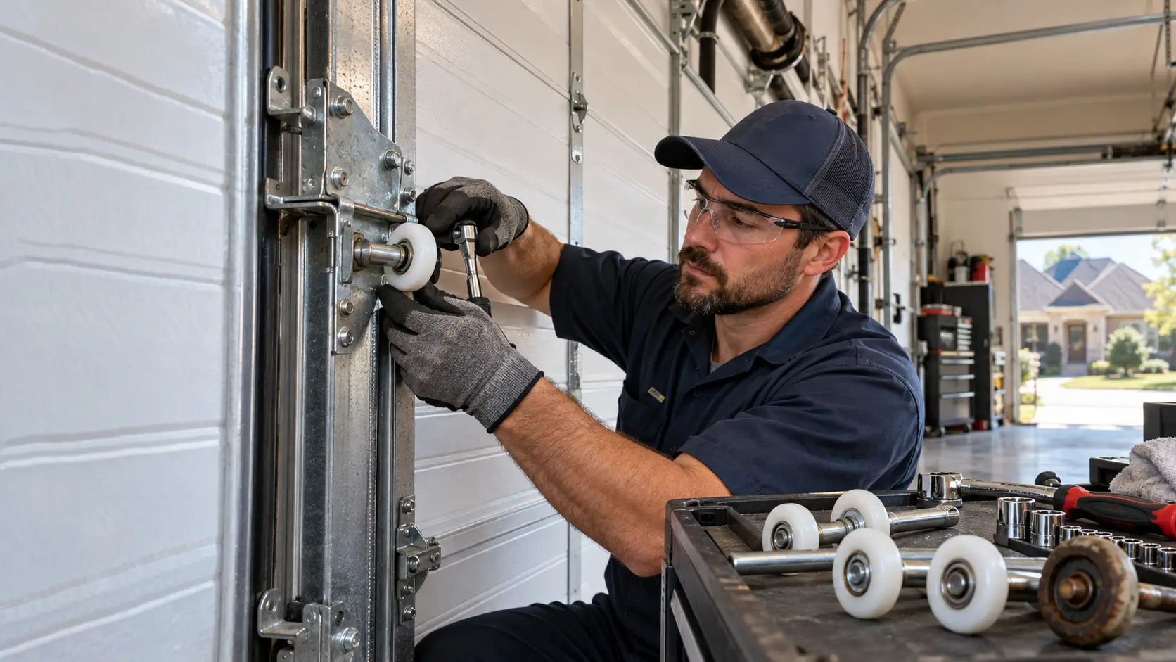 Professional garage door repair technician replacing worn drive gears