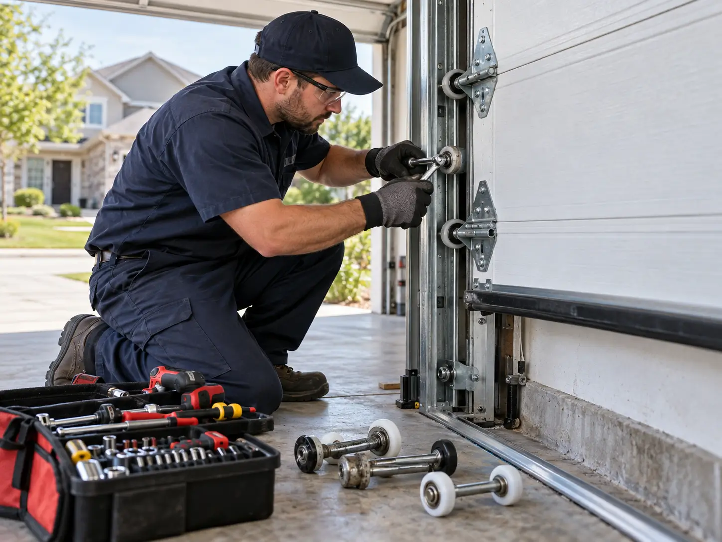 Professional garage door repair technician fixing a ceiling-mounted garage door opener motor and electrical components.