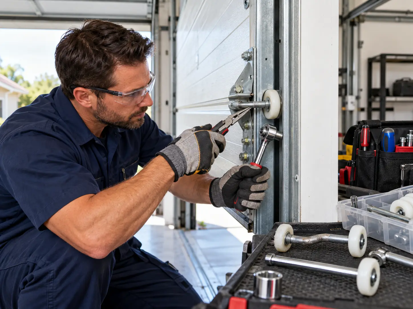 Professional technician diagnosing garage door opener circuit board problems