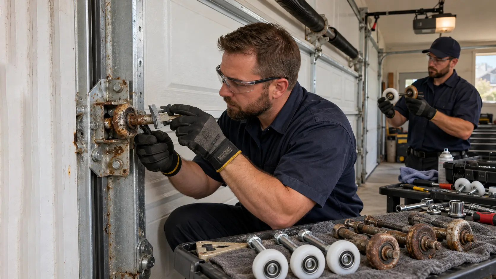 Professional garage door repair technicians inspecting corroded roller stems, rusty bearings, and nylon replacement rollers in Tomball, TX