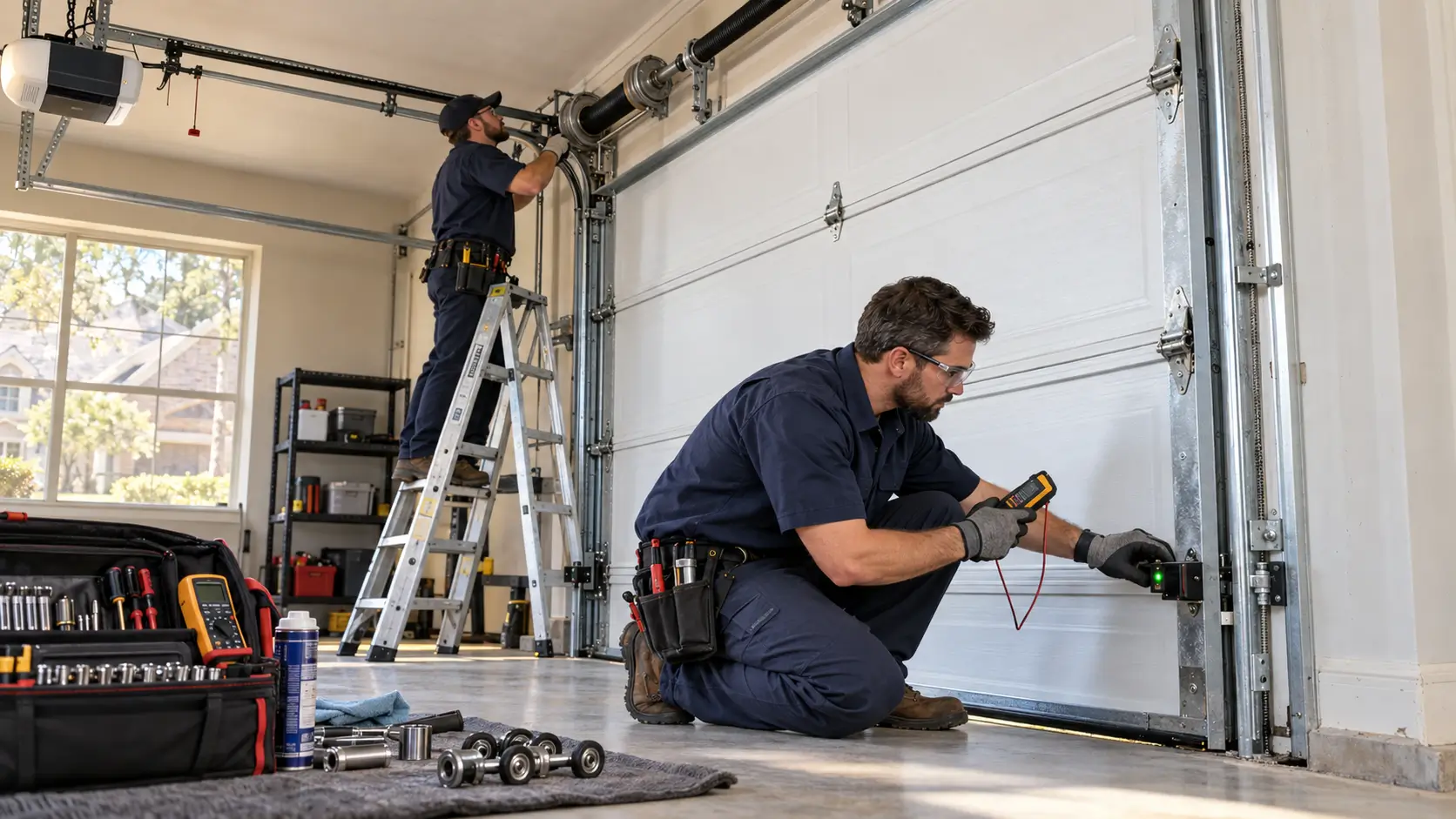 Professional garage door technicians inspecting safety sensors