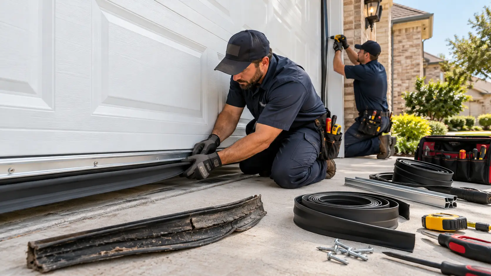 Professional garage door technicians replacing bottom rubber seals