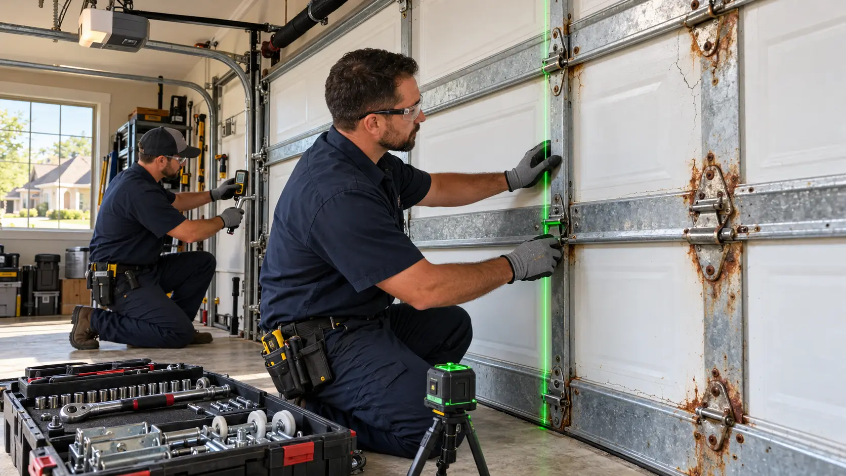 Professional garage door repair technicians inspecting sectional frame corrosion, measuring panel plumb alignment with a green laser level, and adjusting steel hinges in Tomball, TX
