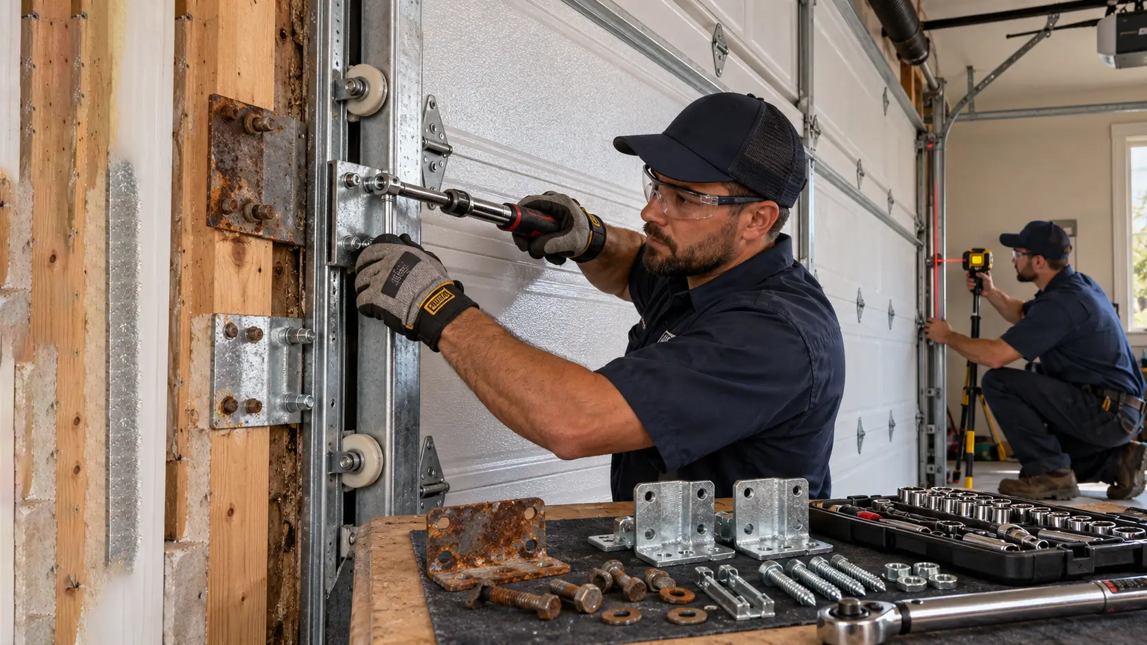Professional technicians repairing steel flange mounting brackets and reinforcing vertical garage door tracks in Tomball, TX