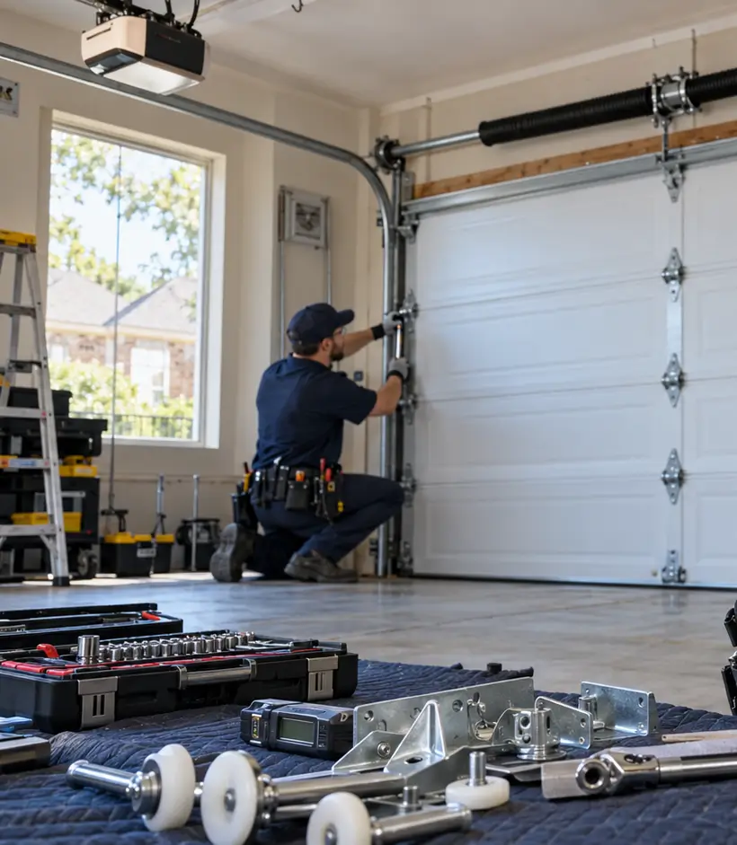 Professional garage door repair technicians performing laser vertical track alignment, nylon roller clearance measurements, and mounting bracket inspections in Tomball TX