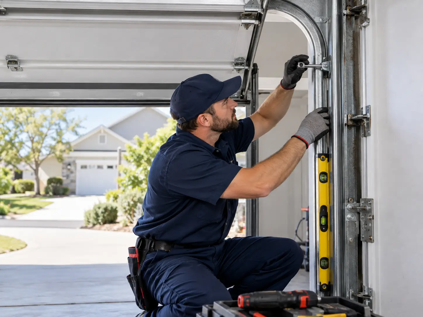 Professional technician repairing and realigning garage door tracks in Tomball TX using specialized tools
