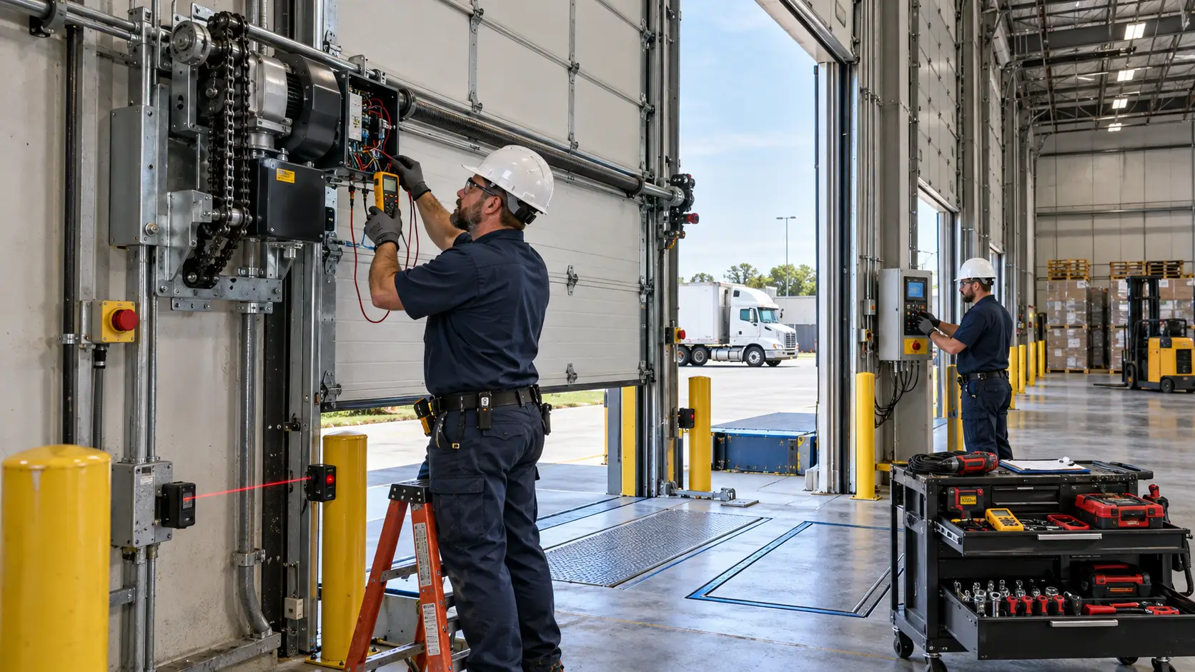 Professional garage door repair technician servicing a residential garage door in Tomball
