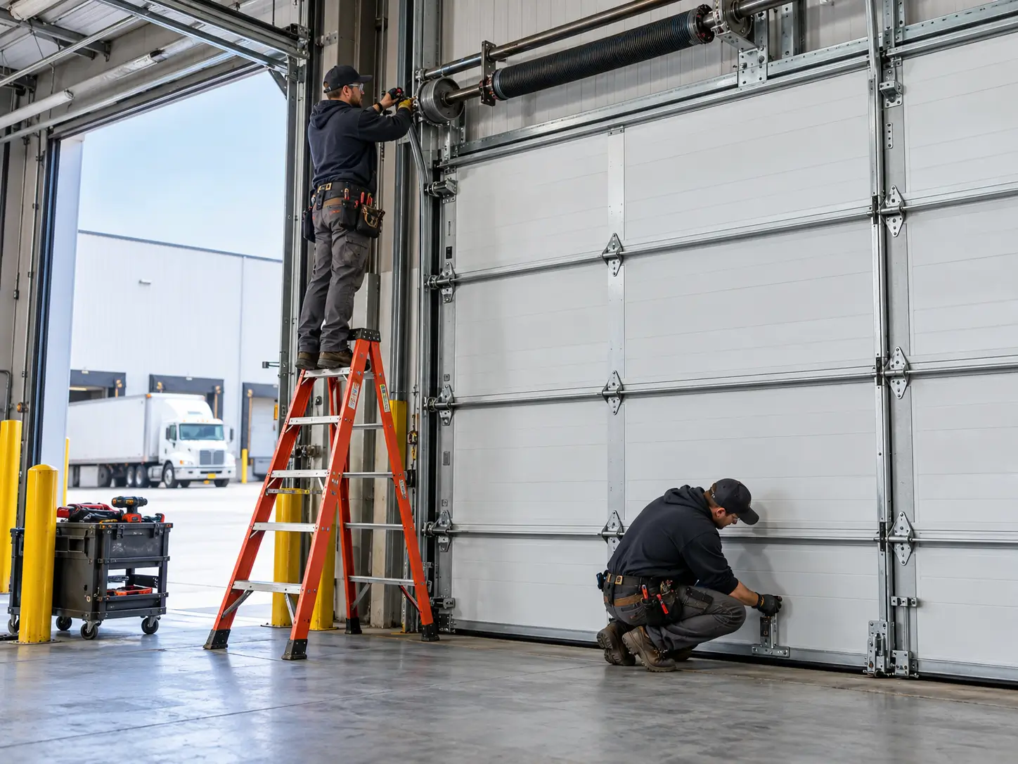 Professional technicians replacing high-cycle industrial garage door torsion springs