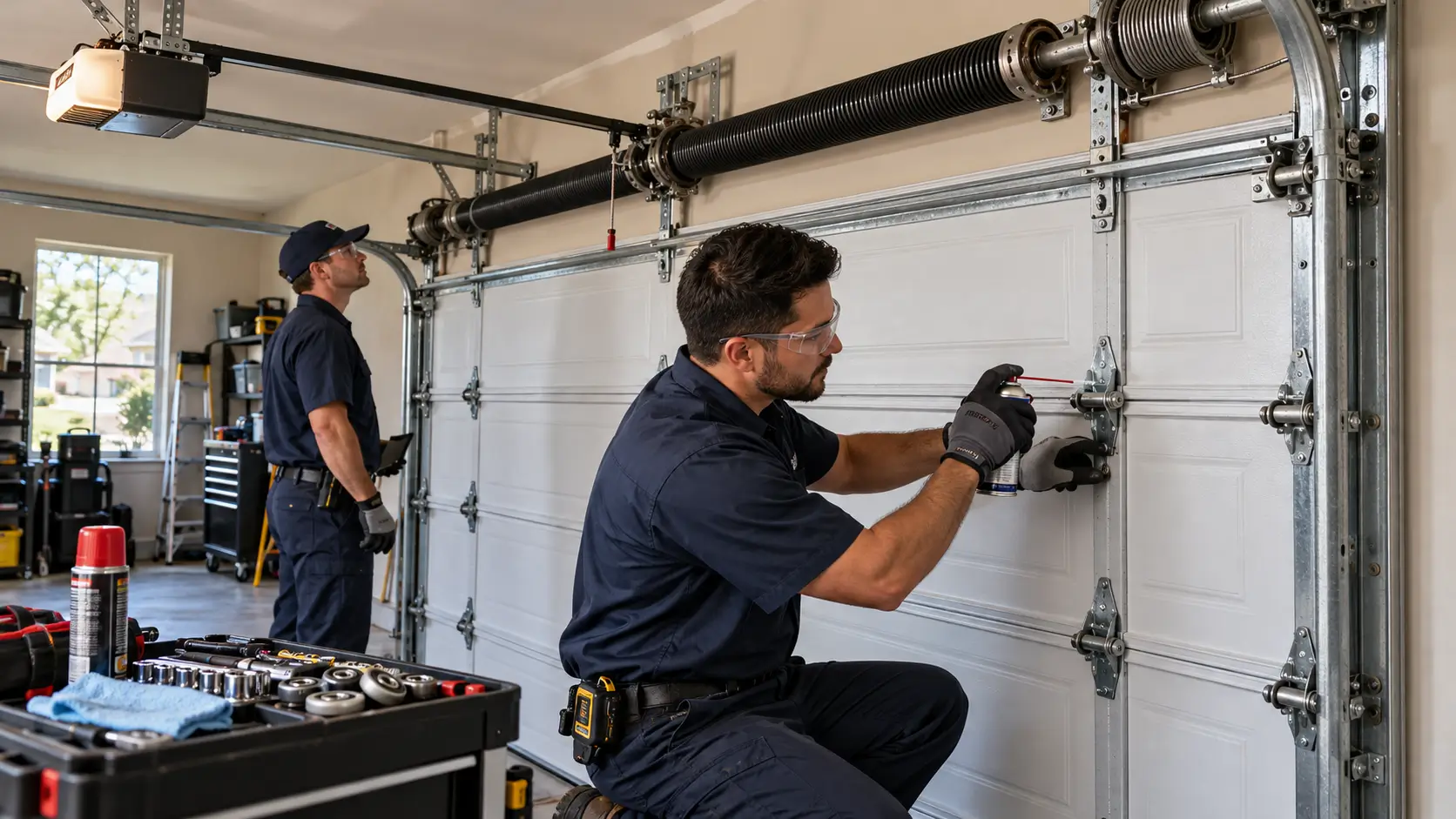 Professional garage door repair technician servicing a residential garage door in Tomball