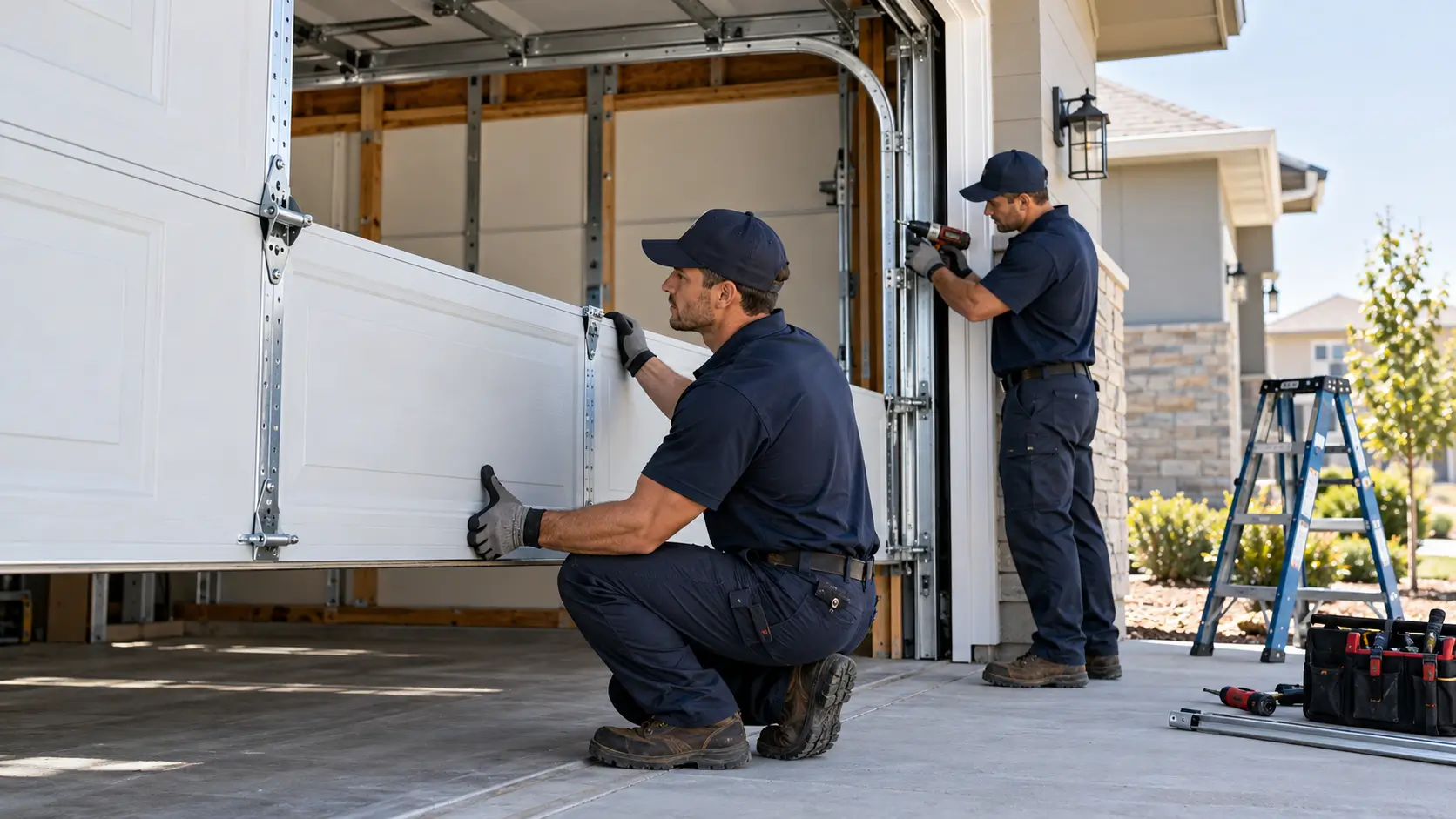 Professional technicians installing a new residential garage door