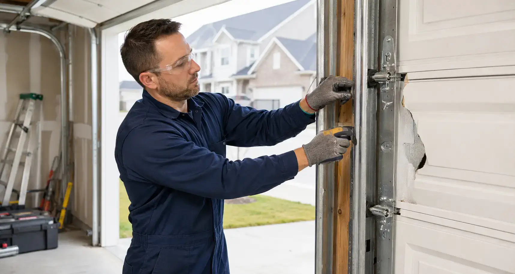 Professional garage door repair technician servicing a residential garage door in Tomball TX
