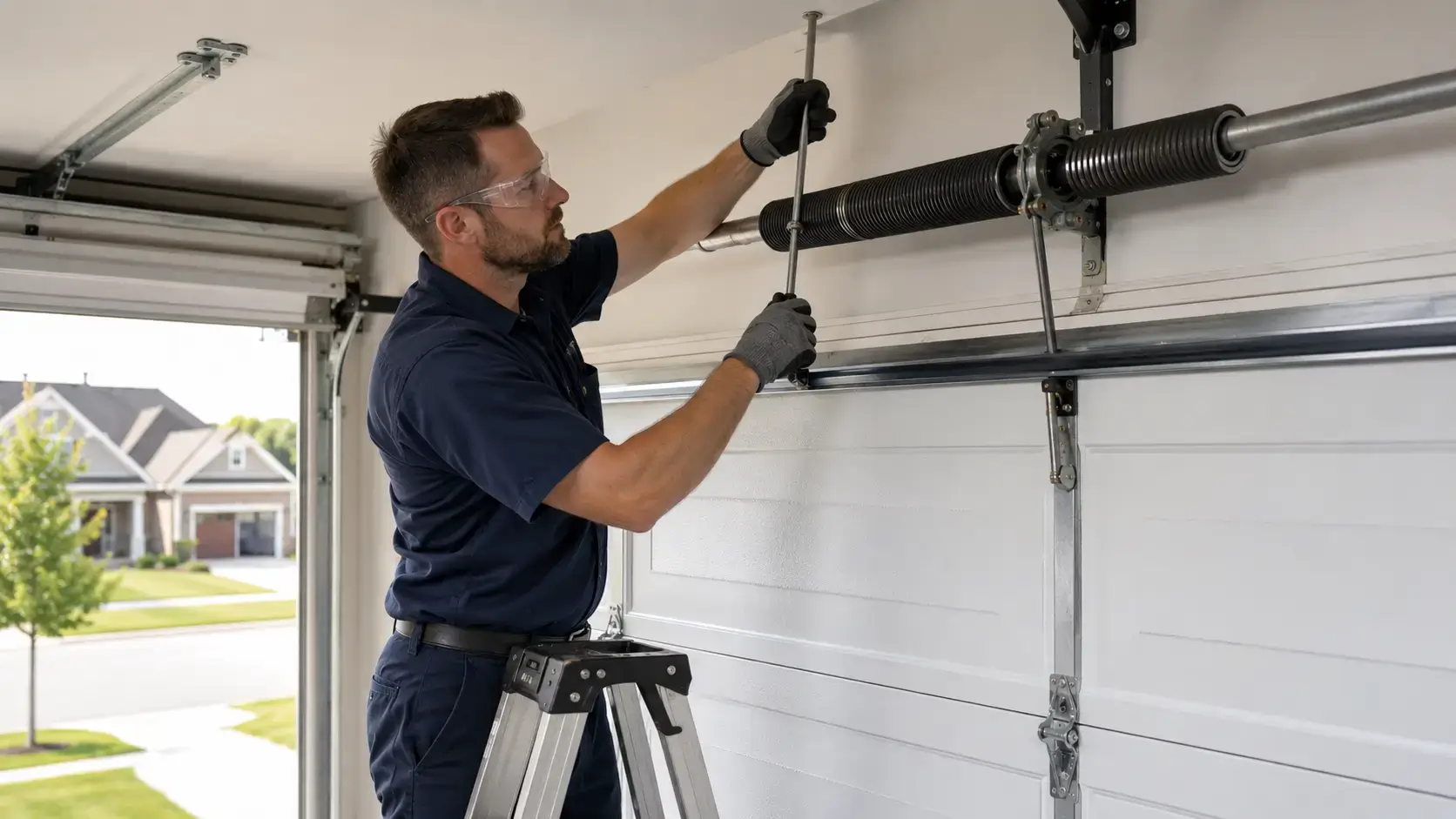 Technician repairing a garage door torsion spring in Tomball TX