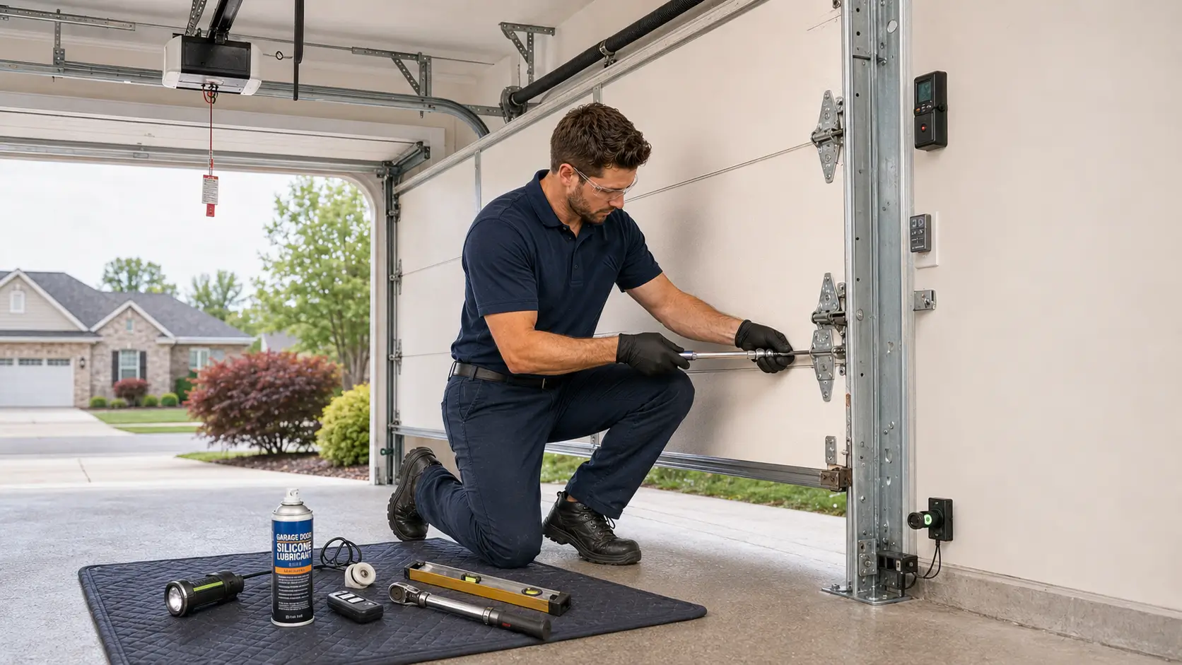 Professional garage door repair technician servicing a residential garage door in Tomball